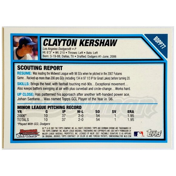 CLAYTON KERSHAW ROOKIE 2007 BOWMAN CHROME #BDPP77, DODGERS, CY YOUNG, MVP - Picture 2 of 3